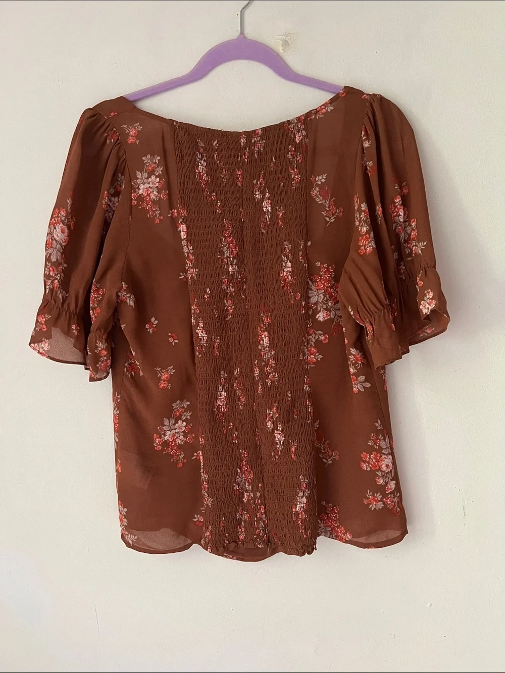 Reformation Delevan Top Brown Floral Tie-Front Puff Sleeve Blouse Smocked Sz 12